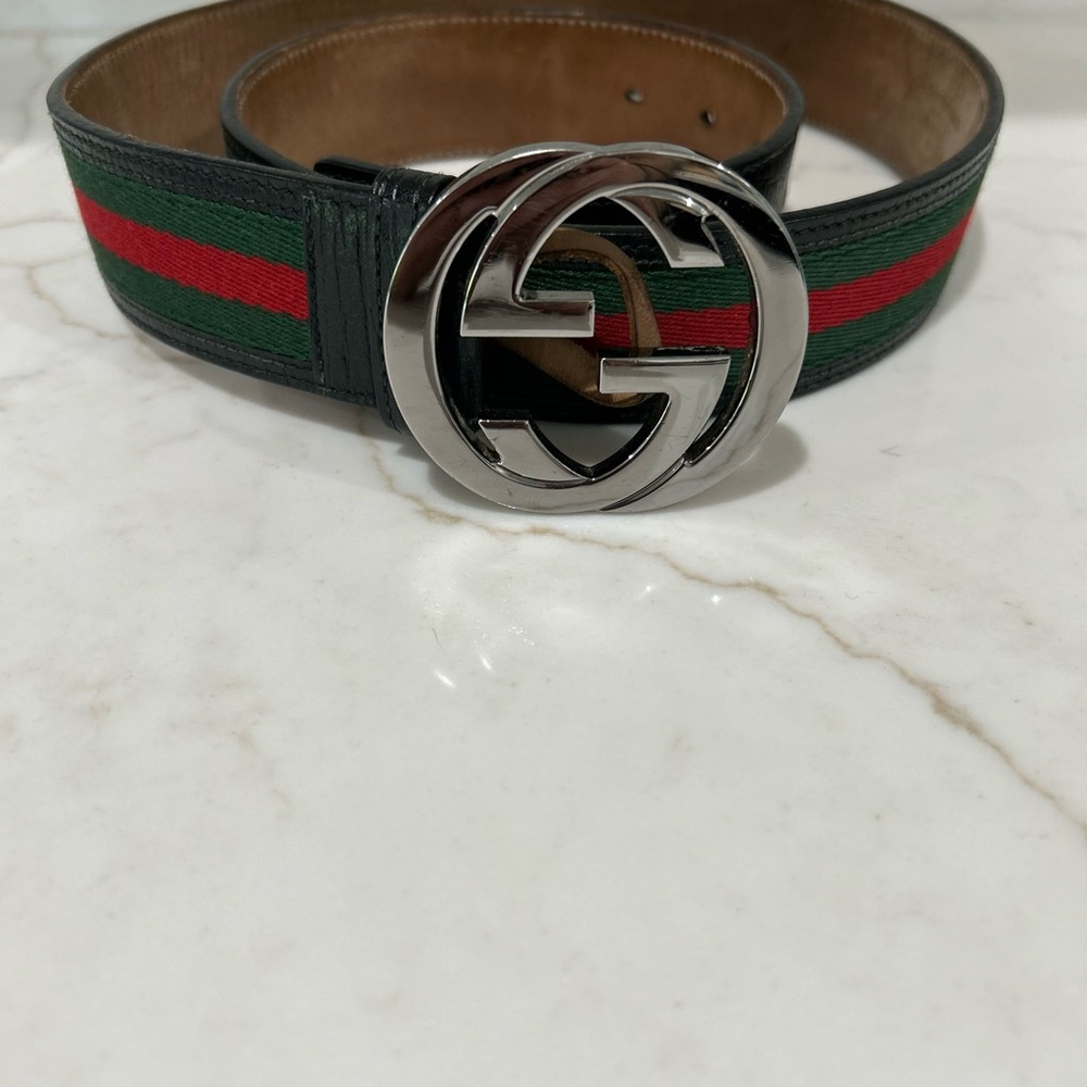 Gucci Black and Red Men's Belt with Silver Buckle